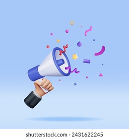 Megáfono 3D con confeti colorido. Convierta Megáfono En Realista. Bullhorn o altavoz moderno. Gran concepto de apertura o venta. Mensaje de anuncio, atención de cumpleaños o vacaciones. Ilustración vectorial