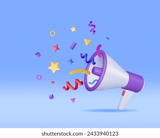 Megáfono 3D con confeti colorido. Convierta Megáfono En Realista. Bullhorn o altavoz moderno. Gran concepto de apertura o venta. Mensaje de anuncio, atención de cumpleaños o vacaciones. Ilustración vectorial