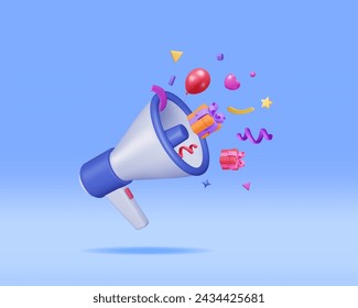 Megáfono 3D con confeti colorido. Convierta Megáfono En Realista. Bullhorn o altavoz moderno. Gran concepto de apertura o venta. Mensaje de anuncio, atención de cumpleaños o vacaciones. Ilustración vectorial