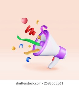 3D Megaphone with colorful confetti. Render megaphone realistic. Modern bullhorn or loudspeaker. Grand opening or sale concept. Announcement message, birthday or holiday attention. Vector Illustration