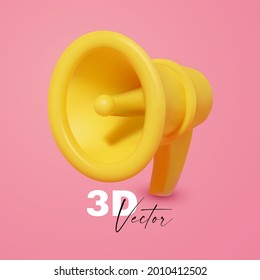 megáfono 3D. Una presentación colorida y realista. Icono de mensaje. Cartel de venta.
