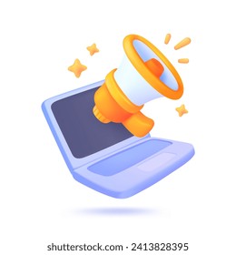 3D megaphone coming out of laptop Marketing strategy ideas to promote sales growth. 3D Illustration.