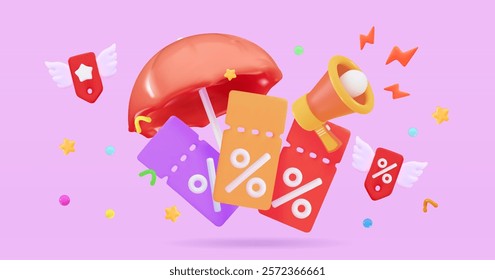 3d megaphone, coupon and umbrella icon Bonus with ticket Winner concept Christmas and exclusive benefits concept 