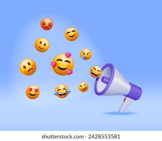 3D Megaphone with Emoticons Isolated. Render Loudspeaker with Round Yellow Faces with Various Emotions and Expression. Social Media Concept. Social Network Announcement Message. Vector Illustration