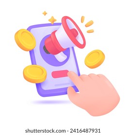 3D megaphone flying from a mobile phone with gold coins online marketing ideas Advertisements to promote sales. 3D Vector Illustration.