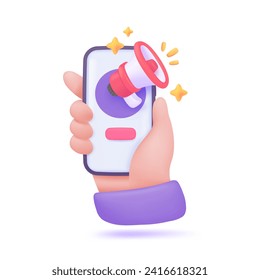 3D megaphone flying from a mobile phone. online marketing ideas Advertisements to promote sales. 3D Vector Illustration.