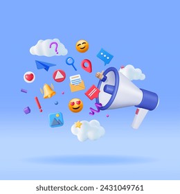 3D Megaphone with Flying Social Media Icons. Render Like, Image, Message and Video Sign and Loudspeaker. Chat, Image, Video Social Network Symbols Concept. Vector Illustration