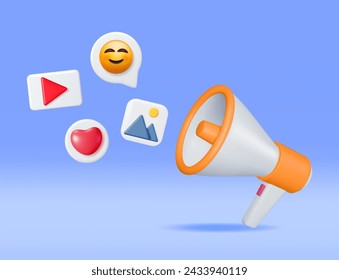 3D Megaphone with Flying Social Media Icons. Render Like, Image, Message and Video Sign and Loudspeaker. Chat, Image, Video Social Network Symbols Concept. Vector Illustration