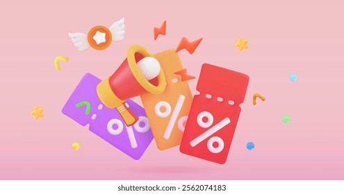3d megaphone, gift and coupon icon Purple gift surrounded by discount coupons Christmas and exclusive benefits concept