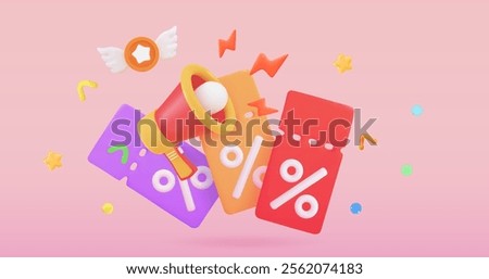 3d megaphone, gift and coupon icon Purple gift surrounded by discount coupons Christmas and exclusive benefits concept
