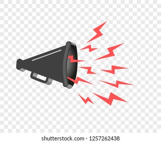 3D megaphone hailer, talking loudly to turn. Sound waves are directed. Vector design element, icon on isolated transparent background.