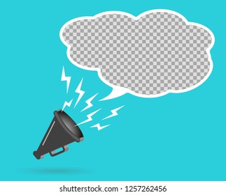 3D megaphone hailer, talking loudly to turn. The concept of advertising discount, bubble. Sound waves are directed. Vector illustration with space for text.