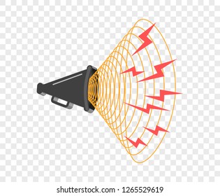 3D megaphone hailer, talking loudly to turn. Sound waves are directed. Vector design element, icon on isolated transparent background.