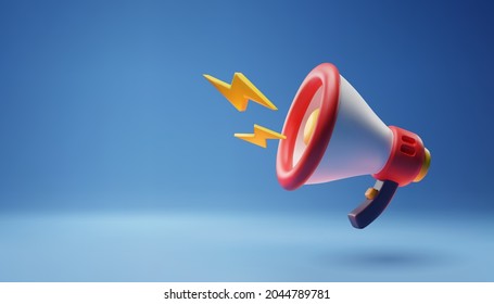 3D-Megaphone-Symbol auf blauem Template für Online-Promotion-Banner, Ankündigung und Sprachkonzept.