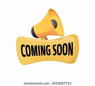 3D Megaphone Illustration And Banner With Text Coming Soon. Coming soon advertising background. Modern Coming Soon Banner Icon. 3D Web Label Element. Teaser promo display