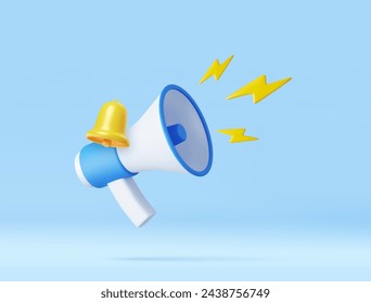 3d megaphone, loudspeaker with lightning. Marketing time concept. social media marketing symbol concept. 3d rendering. Vector illustration