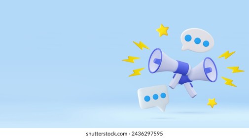 3d megaphone loudspeaker with messages icon. Marketing or advertising concept. 3D Rendering. Vector illustration