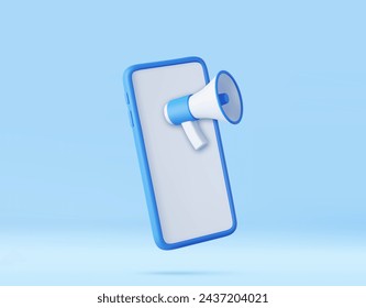 3d megaphone, loudspeaker with mobile phone. Marketing time concept. social media marketing symbol concept. News information alert. 3d rendering. Vector illustration