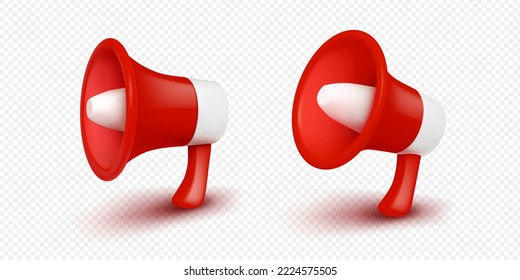 3d megaphone or loudspeaker render elements. Digital concept of notification, marketing time, online news, social media promotion. Realistic vector red bullhorn isolated on transparent background