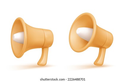 3d megaphone or loudspeaker render elements. Digital concept of notification, marketing time, online news, social media promotion. Realistic vector light brown bullhorn isolated on white background