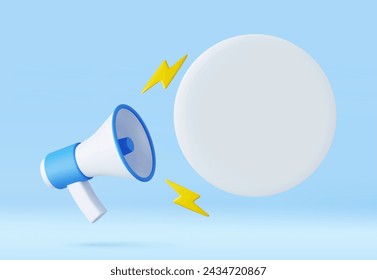 3d megaphone, loudspeaker with speech bubble. News concept. Marketing time concept. 3d rendering. Vector illustration