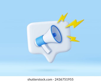 3d megaphone, loudspeaker with speech bubble. News concept. Marketing time concept. 3d rendering. Vector illustration