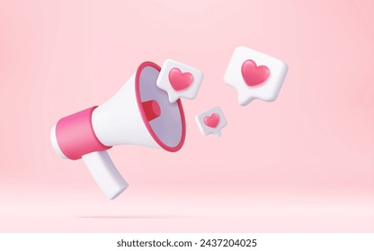 3d megaphone, loudspeaker and speech bubble with hearts. Happy Valentine s Day. Love time concept, 3D Rendering. Vector illustration