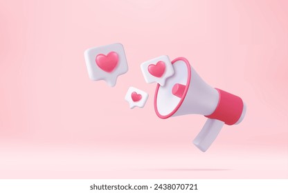 3d megaphone, loudspeaker and speech bubble with hearts. Happy Valentine s Day. Love time concept, 3D Rendering. Vector illustration