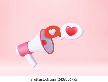 megáfono 3d, altavoz y burbuja de habla con corazones. Feliz día de San Valentín. Concepto de tiempo de amor, renderizado 3D. Ilustración de vector