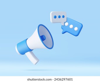 3d Megaphone with messages icon. Online marketing with loudspeaker. Blue and White. 3D Rendering. Vector illustration