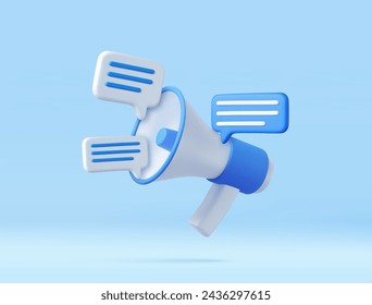 3d Megaphone with messages icon. Online marketing with loudspeaker. Blue and White. 3D Rendering. Vector illustration