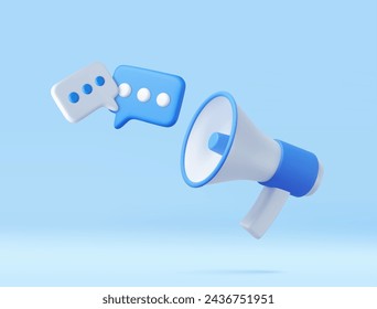 Megáfono 3d con icono de mensajes. Marketing en línea con altavoz. Azul y blanco. Procesamiento 3D. Ilustración de vector