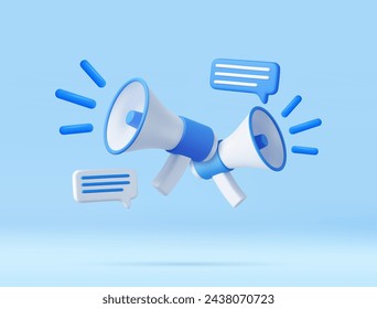 3d Megaphone with messages icon. Online marketing with loudspeaker. Marketing or advertising concept. Blue and White. 3D Rendering. Vector illustration