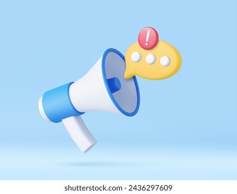 3d Megaphone with messages icon speech bubble. Online marketing with loudspeaker. Comment reply is false, correct, problem, fail notice and announcement. 3d rendering. Vector illustration