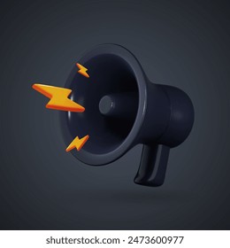 3D megaphone for promotional announcements and communication. Loudspeaker designed for notifications, depicted as a 3D speakerphone icon. Vector render illustration for conveying messages and alerts.