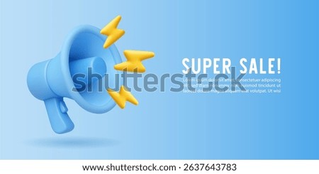 3d megaphone. Sale banner with blue loudspeaker. Realistic bullhorn with lightning. Announcement elements and yellow bolts for sale, promo, message poster. Vector concept background.