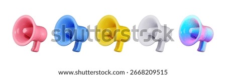 3D megaphone set with realistic loudspeakers and bullhorn icons. Colorful blue, pink, white, and yellow megaphones for announcement, alert, advertising, media promotion, and marketing campaign.