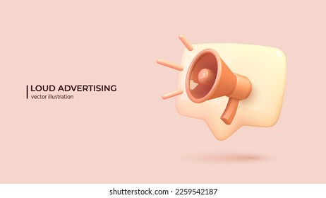 3d megaphone speaker advertising concept. Realistic 3d design of loudspeaker bullhorn for announce promotion and announcement in cartoon minimal style. Vector illustration