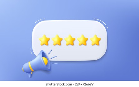 3d megaphone speaker for announce promotion. Customer feedback message frame. Propaganda equipment banner. Offer promotion bubble with megaphone. 3d rating stars icon. Vector