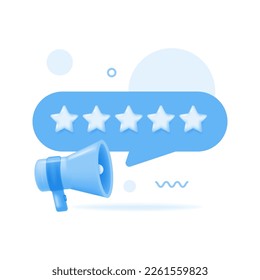 3d megaphone speaker for announce promotion. Customer feedback message frame. Propaganda equipment banner. Offer promotion bubble with megaphone. 3d rating stars icon. Vector.