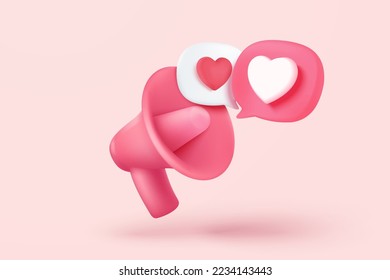 3d megaphone speaker for announce romantic valentine emoji. Valentine's Day festive decorative love, heart and love emoji icon feeling. 3d speakerphone romance icon vector render illustration