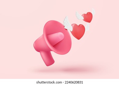 3d megaphone speaker for announce romantic valentine composition. Valentine's Day festive decorative objects, heart and love emoji icon feeling. 3d speakerphone romance icon vector render illustration