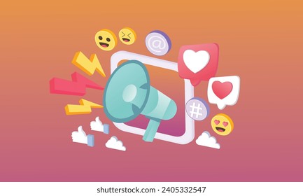 3D megaphone speaker for announce romantic valentine composition. Valentine's Day decorative 3d objects, heart and love emoji sound icon.3d handmade.