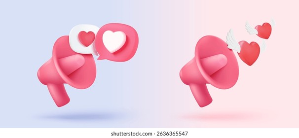 3d megaphone speaker for announce romantic valentine composition. Valentine's Day festive decorative objects, heart and love emoji icon feeling. 3d speakerphone romance icon vector render illustration