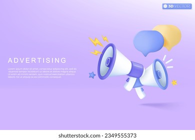 3d megaphone speaker icon symbol. Notification bell, speech bubble, loudspeaker announce discount promotion, Sell reduced prices concept. 3D vector isolated illustration, Cartoon pastel Minimal style.