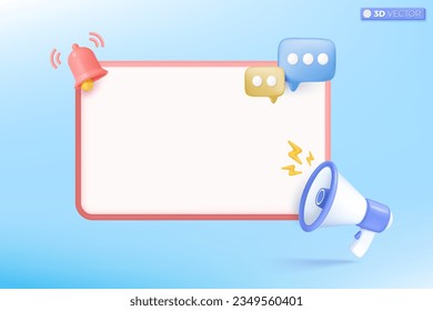 3d megaphone speaker icon symbol. Notification bell, speech bubble, loudspeaker announce discount promotion, Sell reduced prices concept. 3D vector isolated illustration, Cartoon pastel Minimal style.