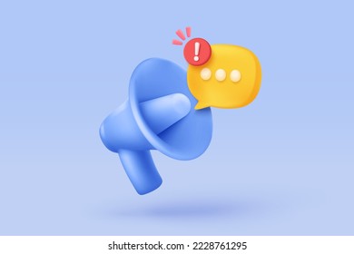 3d megaphone speaker or loudspeaker for announce. Comment reply is false, correct, problem, fail notice and announcement with 3d speech bubbles. Speakerphone notice 3d icon vector render illustration - Shutterstock ID 2228761295
