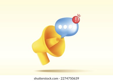 3d megaphone speaker or loudspeaker for announce. Comment reply is false, correct, problem, fail notice and announcement with 3d speech bubbles. Speakerphone notice 3d icon vector render illustration - Shutterstock ID 2274750639