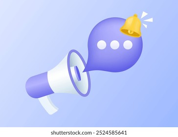 3D megaphone speaker or loudspeaker for announce with Bell notification. Announcement concept. 3d megaphone with notification. Social media promotion. Vector illustration