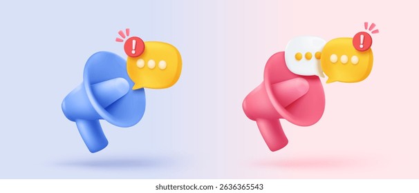 alto-falante de megafone 3d ou alto-falante para anunciar. A resposta do comentário é falsa, correta, problema, alerta de falha e anúncio com balões de fala. Ilustração de renderização de vetor de ícone 3d de aviso de viva-voz